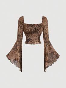 SHEIN MOD 女式方领长袖花卉印花简约 T 恤，休闲日常穿着，长袖女式上衣，新年，复古棕色喇叭袖长袖 T 恤