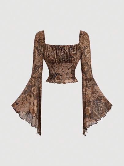 SHEIN MOD Women Square Neck Long Sleeve Floral Print Minimalist T-Shirt, Casual Daily Wear,Long Sleeve Women Top,New Years ,Vintage Brown Bell Sleeve Long Sleeve T-Shirt