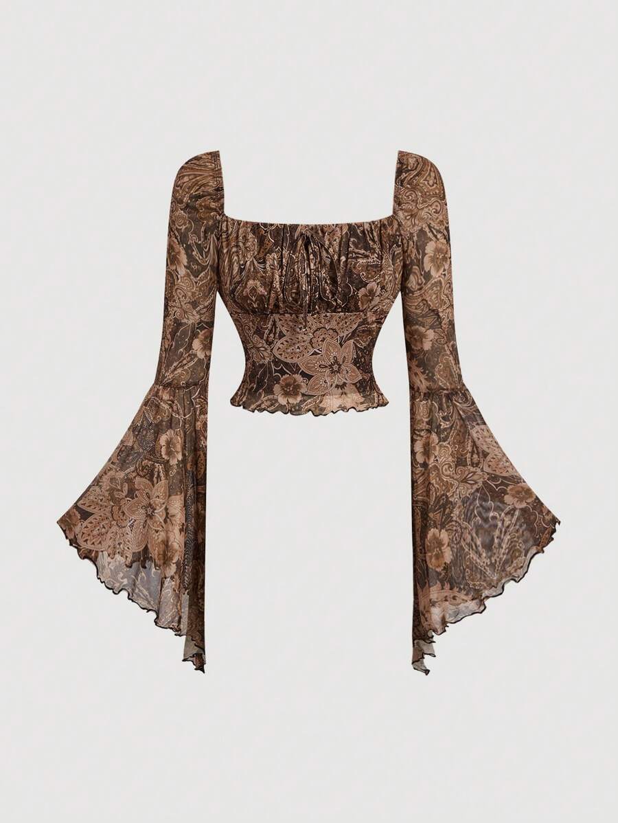 SHEIN MOD 女式方领长袖花卉印花简约 T 恤，休闲日常穿着，长袖女式上衣，新年，复古棕色喇叭袖长袖 T 恤