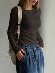 DAZY Women's Solid Color Round Neck Long Sleeve Simple T-Shirt, Casual For Daily Wear,Back To School Clothes,Fall Women Clothes