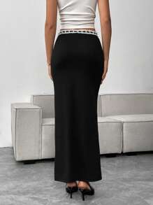 SHEIN Essnce Falda larga entallada de corte sirena de color negro con bloqueo de colores, cinturilla de encaje, estilo casual de moda de los 90, para salir, ideal para otoño y primavera, ropa de mujer para Navidad