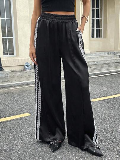 SHEIN Essnce 女士休闲街头时尚撞色蕾丝松紧腰侧袋宽松阔腿裤