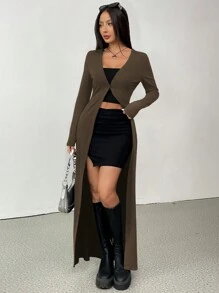 SHEIN EZwear 女士纯色长袖修身前扣开衫 - 棕色 - 查看 4