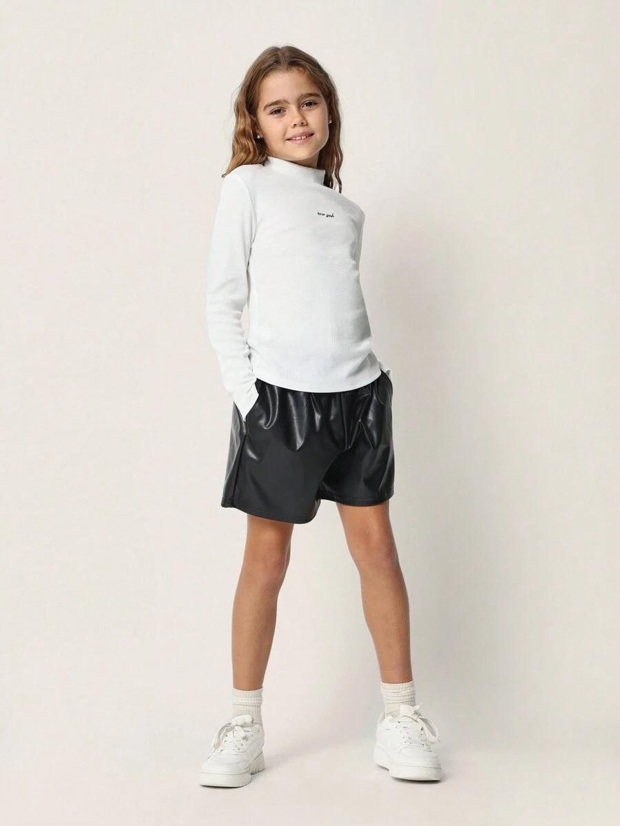 SUMWON Tween Girls Relaxed Rib Long Sleeve Crop Tee & PU Short 2 Piece Set - Black and White - View 1