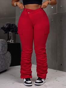 Plus Size Women Red Denim Elastic Personalized Extra Long Harem Pants - Red - View 5