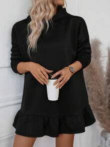 SHEIN LUNE Sudadera con capucha suelta con mangas de murciélago, dobladillo con volantes, de unicolor, para otoño/invierno para mujeres - Negro - Ver 4