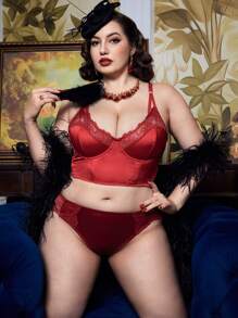 Plus Size Vintage French Lace Patchwork Bra, High Coverage Comfortable For Everyday Wear - Burgundy - View 2