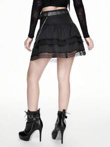 ROMWE Grunge Punk Retro Dark Multi-Layer Cake Shape Skirt With Chain Belt, Star & Bow Decor Gothic Style Mini Skirt For Women - Black - View 2