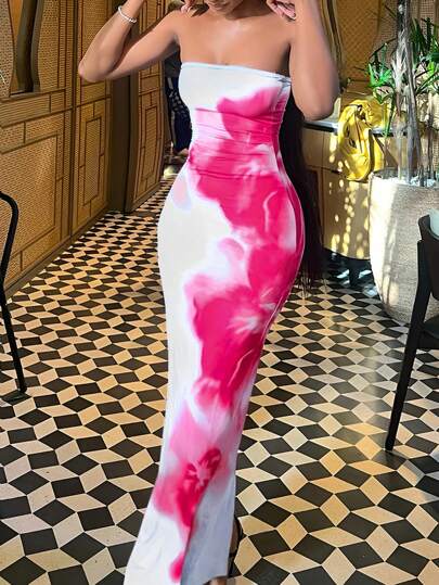 INAWLY Vestido elegante a media pierna, entallado, con estampado floral tipo teñido anudado para mujeres