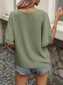 SHEIN Clasi 褶邊蝴蝶袖襯衫 - 軍綠色 - 查看 2