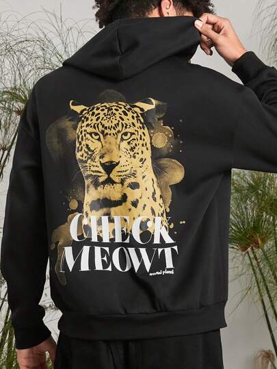 Animal Planet X SHEIN Sudadera con capucha de punto holgada con estampado de leopardo negro, para hombre, para otoño/invierno