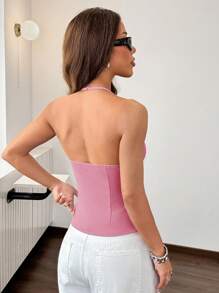 SHEIN EZwear Casual Knit Plain Slim Fit Sleeveless Backless Tank Top For Women Pink Top Womenbaby Pink Top