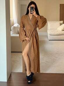 DAZY 波西米亚风格镂空刺绣前开宽松睡袍睡衣 - 駝色 - 查看 1