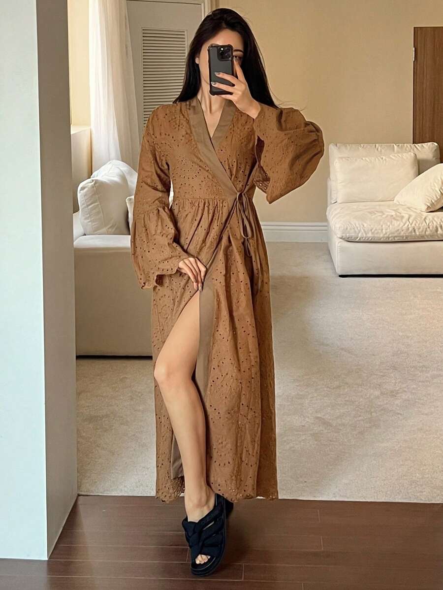 DAZY 波西米亚风格镂空刺绣前开宽松睡袍睡衣 - 駝色 - 查看 1