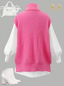 Set de 2 piezas: Top informal de cuello alto y camisa en unicolor para adolescentes