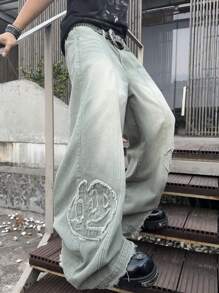 Manfinity EMRG 男士休闲水洗磨边阔腿牛仔裤，纯色长款宽松喇叭牛仔裤浅蓝色水洗工装牛仔裤，适合送给老公、男朋友的礼物 - 綠色 - 查看 1