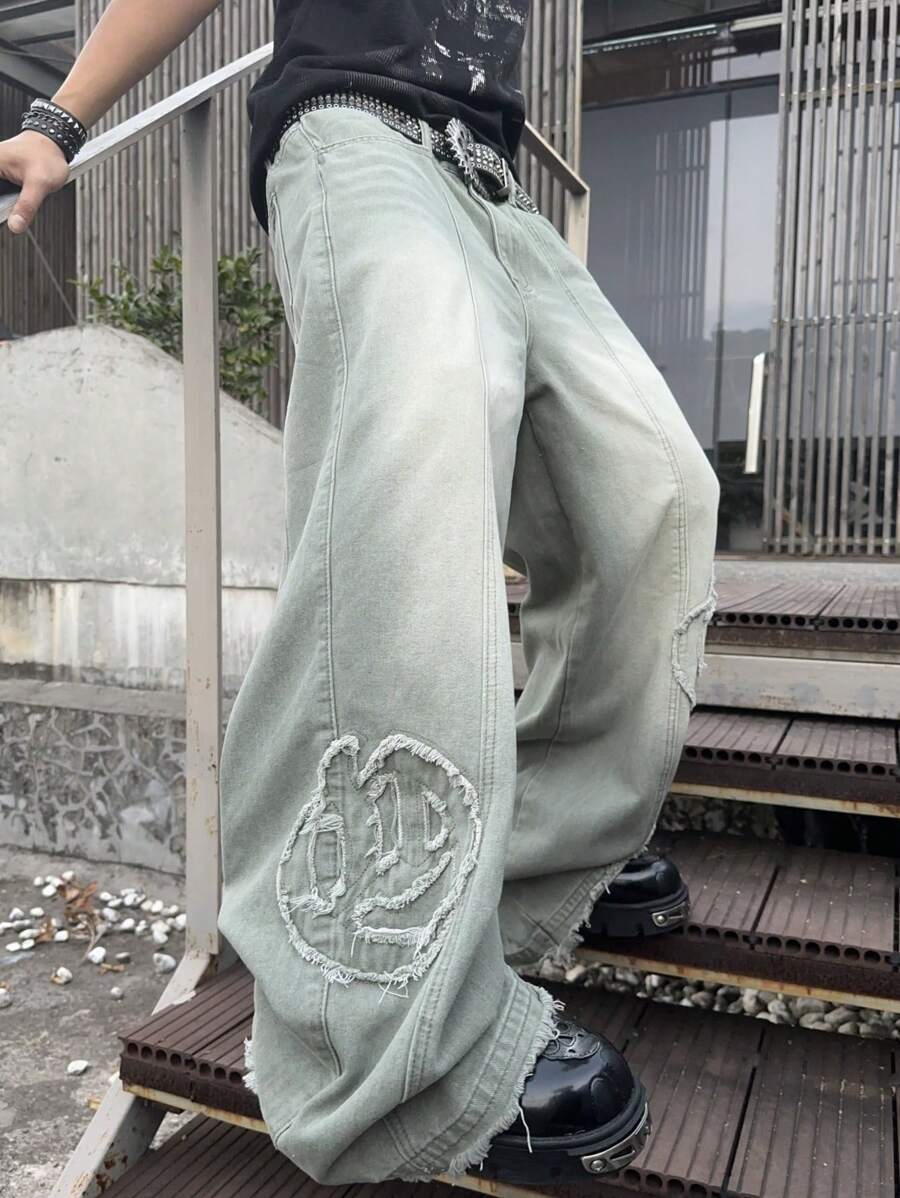 Manfinity EMRG 男士休闲水洗磨边阔腿牛仔裤，纯色长款宽松喇叭牛仔裤浅蓝色水洗工装牛仔裤，适合送给老公、男朋友的礼物 - 綠色 - 查看 1