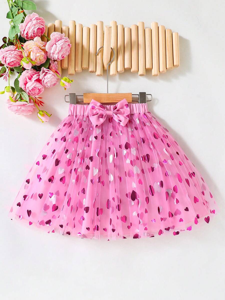 SHEIN Glamorique Kids Young Girl Valentine's Day Prom Skirt, Fuchsia Heart & Bow Decor, Mesh Layers, Sweet & Cute Daily Outfit