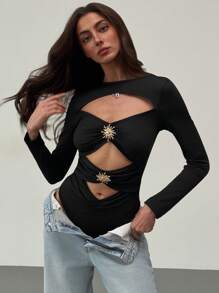 Aloruh Eleganter, moderner, sexy Bodysuit mit tiefem Ausschnitt und Metalldekoration, geeignet für Partys, Cocktailveranstaltungen