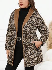 SHEIN Clasi Cazadora con capucha con cremallera y bolsillos, con estampado de leopardo, ropa de invierno de talla grande