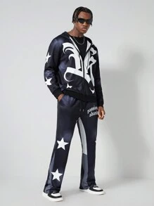 ROMWE MEN Street Life Bộ 2 món thường ngày cho nam - Áo hoodie in chữ và ngôi sao có khóa kéo và quần nỉ thể thao - Nhiều màu - Xem 3