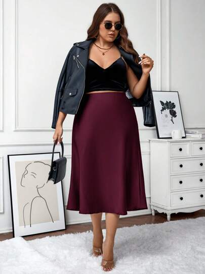 SHEIN LUNE Plus Size Dam Enfärgad Dragkedja Elegant Kjol Festkjolar Nyår