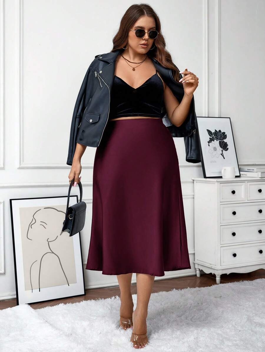 SHEIN LUNE Plus Size Women Solid Color Zipper Fastening Elegant Skirt Party Skirts New Years - Burgundy - View 1