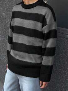 DAZY 男士长袖条纹简约圆领毛衣，秋冬休闲日常穿着 - 彩色 - 查看 4