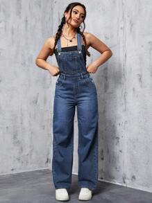 SHEIN ICON 女式宽肩带前扣口袋休闲牛仔连身裤 - 深色水洗藍 - 查看 3