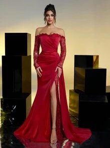 Glamrae Váy dạ hội đuôi cá trễ vai, tay dài, ren satin co giãn, xếp nếp, xẻ tà cao, váy dự tiệc sang trọng và thanh lịch, váy dự tiệc cưới - Đỏ - Xem 4