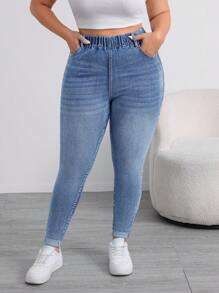 SHEIN ICON 大码性感休闲弹力紧身蓝色牛仔裤 - 中等水洗藍 - 查看 5