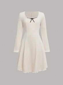 SHEIN Tween Girl Knit Lace Waist-Cinched Long Sleeve Dress, Cute And Elegant Style For Autumn And Winter - Beige - View 1