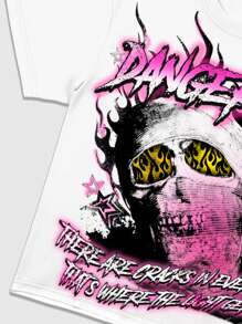 ROMWE MEN Street Life 男式标语骷髅图案圆领短袖休闲 T 恤 - 白色 - 查看 4