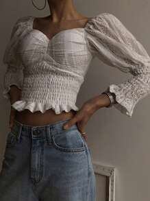 DAZY Women's Sweetheart Neckline Long Sleeve Lace Waist And Cuff Blouse,Fall Clothes