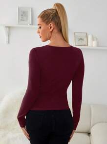 Almamuse V領深v長袖襯衫,交叉細節設計 - 酒紅色 - 查看 2