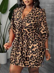 Slaydiva Elegant & Daily & Commuting & Party & Dating Sexy Tight Leopard Print Long Sleeve Shirred Twist Front Drawstring Waist Mini Shirt Dress, Spring & Autumn, Plus Size - Brown - View 1