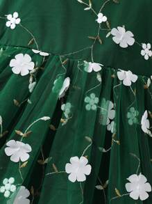 Tween Girls' Spaghetti Strap Mesh Splice Simple Casual Dress - Dark Green - View 6