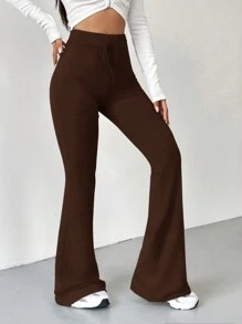 SHEIN EZwear Damskie jednokolorowe, ściągane sznurkiem, rozszerzane nogawki, swobodne, obcisłe spodnie dresowe