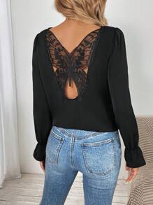 SHEIN Clasi Women Elegant Butterfly Patchwork Backless Shirt