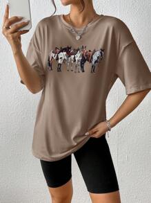 INAWLY 女士动物印花圆领短袖 T 恤图案 T 恤女式上衣 - 卡其色 - 查看 3