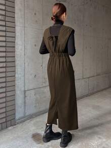 FRIFUL 女式休闲纯色露背系带长款套头连衣裙，秋季服装