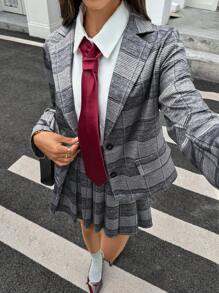Chiquease Women's Front Button Long Sleeve Notched Collar Plaid Minimalist Blouse And Skirt Suit Set - Grey - View 1
