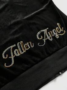 ROMWE J-Fashion 2pcs Y2K Leopard Print Patchwork Rhinestone Embellished Velvet Hoodie Set - Black - View 3