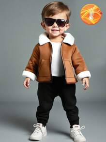 SHEIN Baby Boys Winter Outfit: 1) Brown Solid Color Lapel Jacket Top 2) Black Warm Fleece Thick Pants. Minimalist Design, Zipper Opening, Suitable For Various Occasions