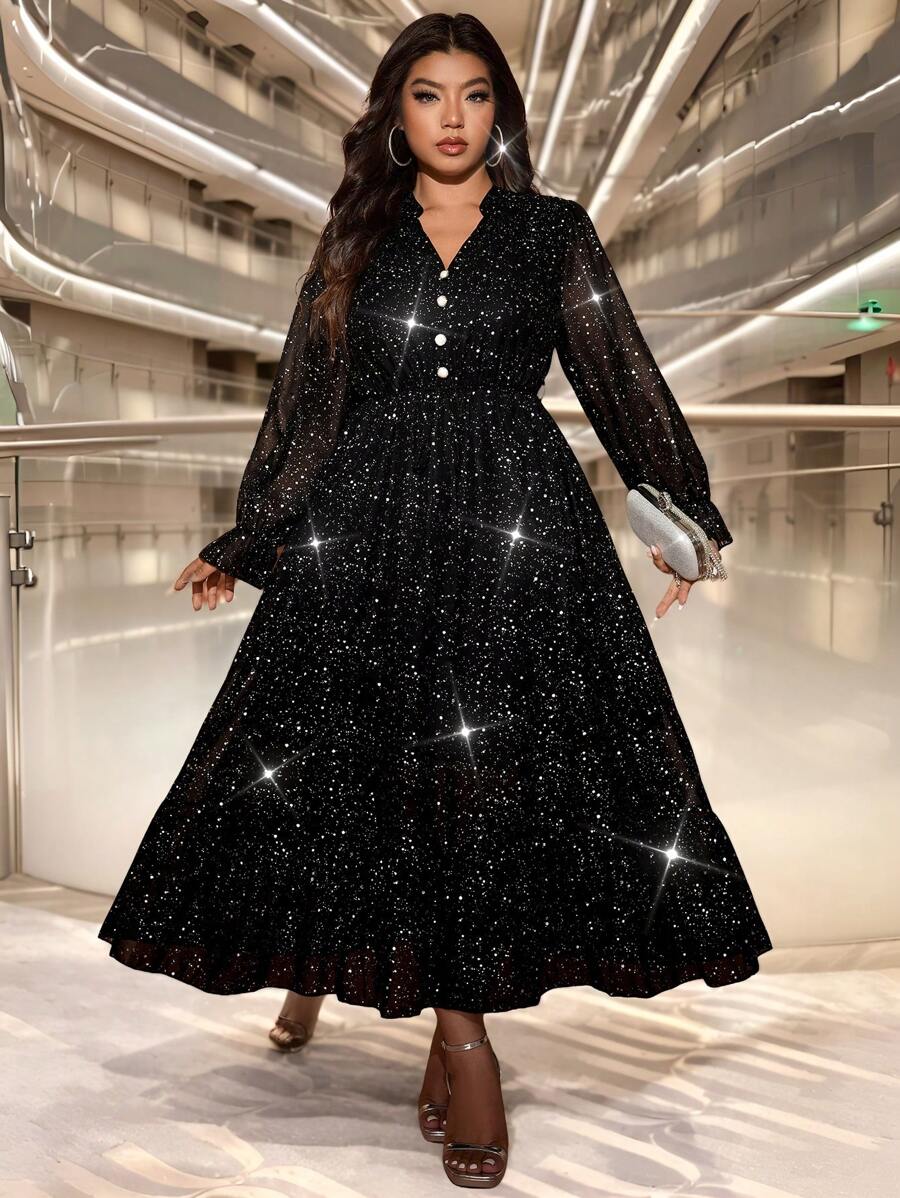 Allurite Đầm buộc eo cổ chữ V họa tiết ngôi sao gợi cảm, sang trọng, lãng mạn kiểu Pháp cỡ lớn - màu đen - Xem 1