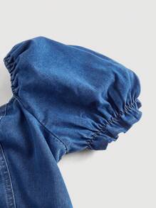 SHEIN MOD Plus Size Denim Tops Puff Sleeves Sweet Date Valentines For Summer - Medium Wash - View 4