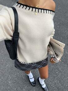 SHEIN Essnce Suéter de mujer de felpa con bordado de concha, cuello de barco, ropa de invierno, suéter de punto para damas