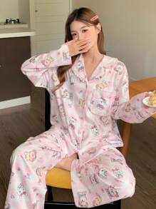 DAZY Cute Plaid & Cartoon Full Print Pajama Set - Pink - View 3