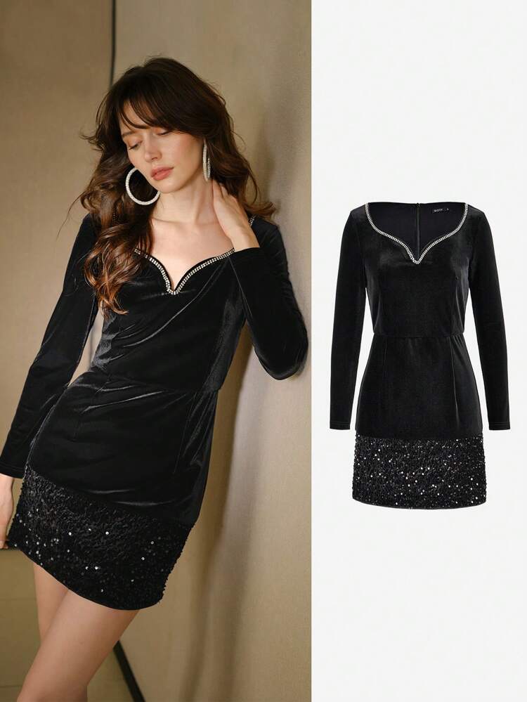 MOTF STUDIO VELVET SWEETHEART NECK RHINESTONE TRIM SEQUIN HEM COCKTAIL DRESS