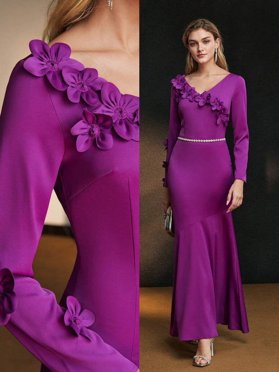 MOTF Soiréza Vestido de cóctel con detalle de flor estéreo con cuello en V sólido, bajo de silueta de sirena sin cinturón